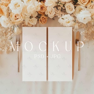 Hochzeitsmenükarte Mockup PSD JPG, Boho-Empfang Abendessen-Menü Mockup, doppeltes 4x9 hohes Kartenmodell, elegante Menüanzeige für Tischdekoration