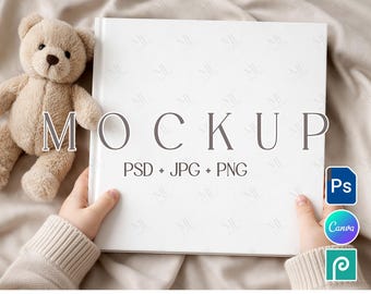 Square Hardcover Journal Mockup, Baby Photo Book 11x11 Template, Newborn Kids Planner PSD PNG