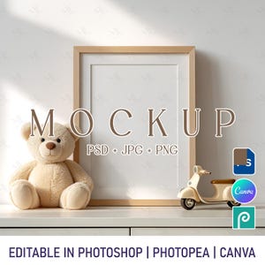 A4 Babyzimmer Tischschild Mockup PSD PNG Canva, Boho Holz DIN A Ratio Rahmen Mockup, Kinderzimmer Poster Rahmen Mockup, Kinder Tisch Schild Mockup