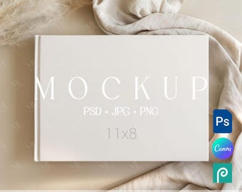 Horizontal Photobook Mockup, Hardcover Album PSD Canva Template, Wedding Guest Book Journal Mockup