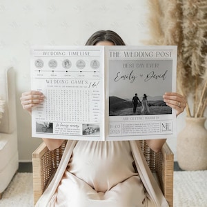 Puede incluir: Una persona sostiene un anuncio de boda estilo peri&oacute;dico. El titular dice "The Wedding Post" con "Best Day Ever!" y los nombres "Emily & David". La p&aacute;gina izquierda muestra una l&iacute;nea de tiempo de la boda y juegos. La fecha es el 3 de noviembre de 2025.