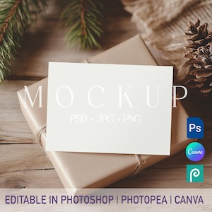 Christmas Greeting Card Mockup, Horizontal Holiday Gift Invitation PSD PNG Mockup 5x7, Winter Postcard Mock-up, Xmas Gift Card Canva Mockup