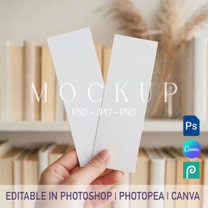 May include: Two blank white rectangular mockups are held in a hand, with the word "MOCKUP" in the center. The text "PSD + JPG + PNG" is below. The bottom of the image reads "EDITABLE IN PHOTOSHOP | PHOTOPEA | CANVA".
