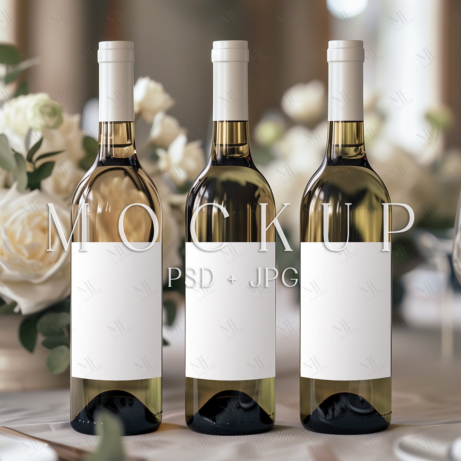 Wine Bottle Label Mockup Set, 4x6 Wedding Wine Sticker PSD, Elegant Bottle Branding Mockup, Custom Wine Label Template for Events PSD Mockup
