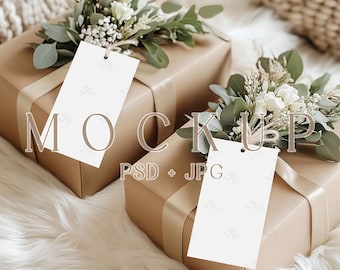 Maqueta de etiqueta de regalo en formato PSD, plantilla de etiquetas de agradecimiento para bodas, maqueta de etiqueta rectangular para regalo