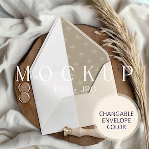 Maqueta de forro de sobre, maqueta de tarjeta de 5 x 7, plantilla de inserción de sobre editable PSD, maqueta de papelería de boda, maqueta de tarjeta de forro de invitación boho