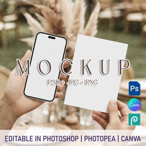 Mockup de convite para celular e cartão, mockup de cartão e telefone Canva PSD, mockup de convite digital, mockup de cartão elegante para iPhone PNG, mockup de celular Boho