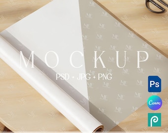 Wrapping Paper Roll Mockup, Gift Wrap Pattern Rolled Mock-up Canva & Photoshop Design Template