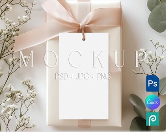 Gift Tag Mockup on Present Box, Wedding Favor Thank You Label Template PSD PNG
