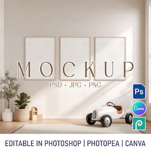 Maqueta de marco A3 para habitación infantil (PSD), maqueta de cartel de pared para baby shower (PNG) para Canva, maqueta de póster en formato DIN A, escena de guardería con marco de madera
