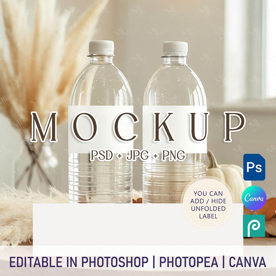 Fall Water Bottle Label Mockup PSD PNG, Autumn Drink Sticker Canva ...