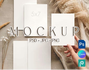 5x7 Invitation Mockup Set, Wedding Card Template, Boho 5 Invite Cards Canva PSD