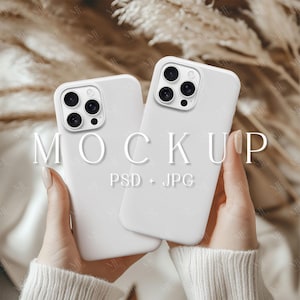 iPhone 16 Hülle Mockup, PSD Doppel Handy Mockup, Boho Smartphone Hülle Mockup, Mockup Handyhülle, Neutral Mock up Tough Case Smart Objekt