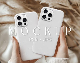 iPhone 16 Case Mockup, Double Phone Mockup PSD, Boho Smartphone Case Mockup, Mockup of Phone Case, Neutral Mock up Tough Case Smart Object