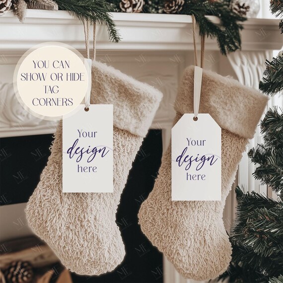 Gift Tag Mockup, Christmas Present Tag Mockup, Holiday Label Mockup, 2x3.5 Tag Mockup, Xmas Socks Gift Tag Mockup, Festive Gift Label PSD