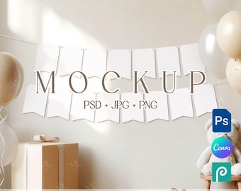 Birthday Bunting Banner Mockup, Happy Birthday Garland PSD PNG, Hanging Wall Flag Card Mock-ups