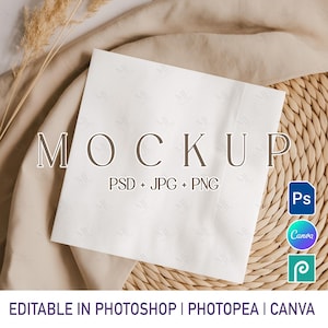May include: A white square napkin mockup with the word "MOCKUP" in a serif font. The text "PSD + JPG + PNG" is below. The image also includes icons for Photoshop, Canva, and Photopea, with the text "EDITABLE IN PHOTOSHOP | PHOTOPEA | CANVA" at the bottom.