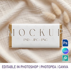 May include: A white rectangular mockup with gold foil edges, featuring the word "MOCKUP" in a serif font. Below, it reads "PSD + JPG + PNG". The image includes Photoshop, Canva, and Photopea icons, with the text "EDITABLE IN PHOTOSHOP | PHOTOPEA | CANVA" at the bottom.
