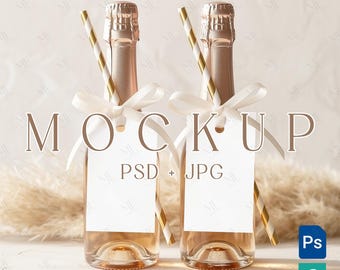 Mini Champagne Tag Mockup, Wedding Bottle Tag Template, Bridal Shower Label Wine Sticker Mock-ups