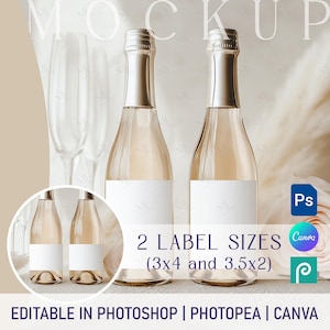 May include: Two champagne bottles with silver foil tops and blank white labels. The image includes a smaller inset of two additional bottles and text that reads "2 LABEL SIZES (3x4 and 3.5x2)" and "EDITABLE IN PHOTOSHOP | PHOTOPEA | CANVA".
