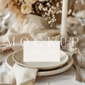 Modelo de cartão de lugar Boho, cartão de nome de casamento PSD, modelo de cartão de mesa 3,5x2, artigos de papelaria para chá de bebê, modelo de cartão de lugar editável, produto digital