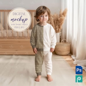 Toddler Pajama Mockup PSD, Kids Sleepwear Mockup, All-Over Print Long Sleeve Pajama Template, Nightwear Pajama Mockups For Kids or Toddlers