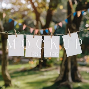 Sitzplatzkarte Mockup, Fotobaner Mockup, Girlandenkarte Mockup, monatliches Fotobanner PSD Mockup, Hängekarte Mockup, Mockupkarte 5x7 Banner