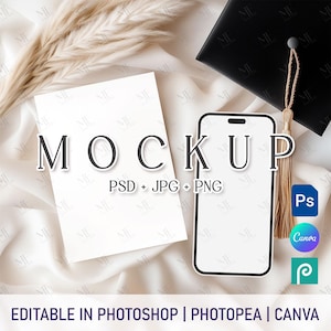 Abitur Einladung Mockup, iPhone Bildschirm und 5x7 Karte PSD, Grad Party Telefon Einladen Vorlage, Schule oder College Canva Card Screen Mockup