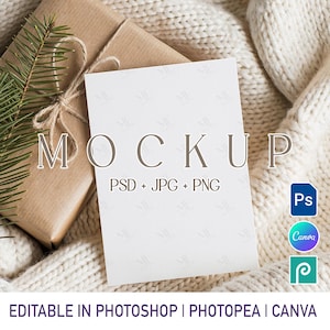 Holiday Invitation Mockup PSD, 5x7 Christmas Greeting Card Winter New Year Invite Mock-up Canva