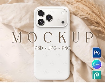 Maqueta de funda para iPhone 17 (PSD y PNG), maquetas de fundas resistentes para smartphones, plantilla de Canva para fundas de teléfono