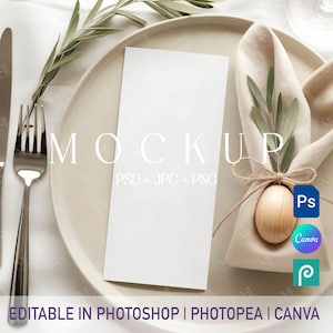 May include: A menu card mockup on a beige plate, with a napkin shaped like a bunny. The image features the word "MOCKUP" and the text "PSD + JPG + PNG". The text "EDITABLE IN PHOTOSHOP | PHOTOPEA | CANVA" is also visible.