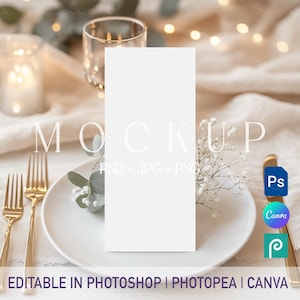 Boho 4x9 Menu Mockup, Wedding Program PSD Template, Dinner Drink Card Canva Mockup