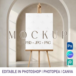 May include: A blank white mockup sign on a wooden easel. The word "MOCKUP" is displayed above the sign. Below the sign are the words "PSD + JPG + PNG". The image also includes the Photoshop, Canva, and Photopea logos, and the text "EDITABLE IN PHOTOSHOP | PHOTOPEA | CANVA".