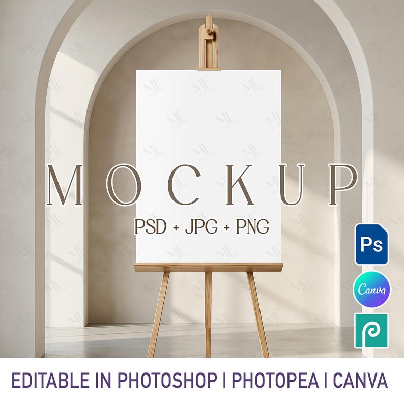 May include: A blank white mockup sign on a wooden easel. The word "MOCKUP" is displayed above the sign. Below the sign are the words "PSD + JPG + PNG". The image also includes the Photoshop, Canva, and Photopea logos, and the text "EDITABLE IN PHOTOSHOP | PHOTOPEA | CANVA".