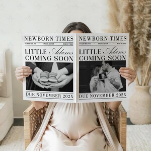 Puede incluir: Una persona sostiene dos peri&oacute;dicos con el titular "NEWBORN TIMES". Los peri&oacute;dicos tienen el texto "LITTLE Adams COMING SOON" y "DUE NOVEMBER 202X". Uno muestra zapatos de beb&eacute;, el otro una pareja bes&aacute;ndose y sosteniendo una ecograf&iacute;a.