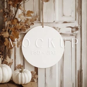 Door Hanger Mockup, Welcome Sign Mockup, Fall Autumn Halloween Circle Farmhouse Round Wood Sign on Front Door, Styled Photo Smant Object PSD