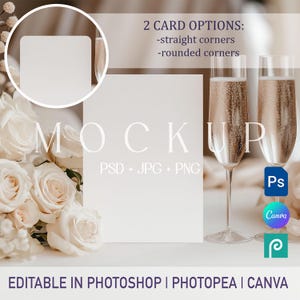 Maqueta de invitación de boda PSD Canva, tarjeta bohemia con esquinas redondeadas, nombre de mesa, barra, menú
