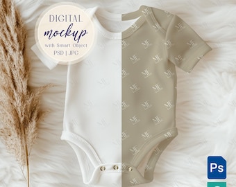 Baby Bodysuit Mockup PSD, Neutral Romper Display All Over Print Baby Clothing Template