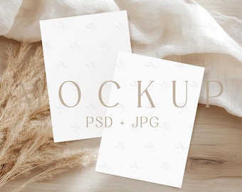 Maqueta de tarjeta de invitación, tarjetas dobles de 5x7 en formato PSD, plantilla de Canva para tarjetas de felicitación estilo boho.