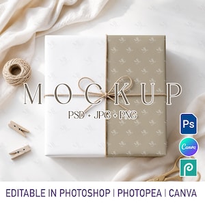 May include: A square gift box mockup featuring a split design with one white side and one taupe side, tied with thin twine. The text MOCKUP PSD + JPG + PNG is centred. Includes icons for Photoshop, Canva, and Photopea, plus wooden clothespins.