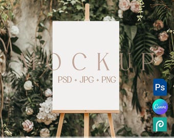 Wedding Sign Mockup, Easel Poster PSD Mockup, Seating Chart Canva Template
