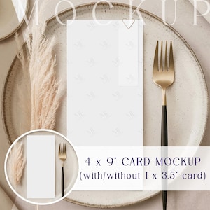 4x9 Menü und Namenskarte Mockup PSD, Programm Tischkarte Mockup, Menü & Mini Namenskarte Mockup, Boho Tischkarte Abendmenü Mockup