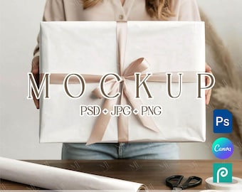 Holiday Gift Wrapping Paper & Roll Mockup, Boho Present Wrap PSD PNG Template, Rolled Paper Canva Mock up for Pattern Designers