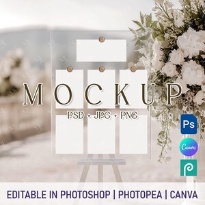 Mockup de gráfico de assentos, Mockup de cartão de assentos de casamento, Modelo PSD de mockup de número de mesa, Mockup de banner, Pacote de mockup de cartão de casamento pendurado Canva