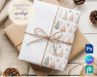 Christmas Wrapping Paper Mockup, Holiday Gift Wrap Mockup, Winter Present Paper Mock up, Wrapping Paper Canva and PSD Mockup