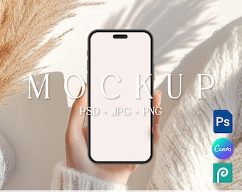 Boho Phone Screen Mockup, Iphone Smartphone Evite Mockup, Digital Invitation Mockup, Cellphone Mockups, Invite 15 iPhone Template Canva PSD
