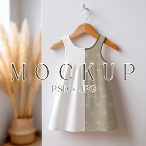 Girl Dress Mockup PSD Boho Style, All Over Print Kids Dress Template, Little Girl Clothing Mockup, Realistic Kids Fashion Display Designers