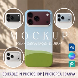 May include: A smartphone case mockup featuring a light blue and green landscape design with a dark red camera module. The image includes text reading MOCKUP, PSD + CANVA DRAG & DROP, and EDITABLE IN PHOTOSHOP | PHOTOPEA | CANVA, alongside three circular insets showing different camera module color variations.