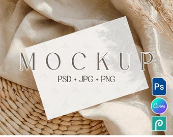 Horizontales Einladungsmodell, Boho Grußkarte PSD PNG Vorlage, Minimalistische Einladung für Hochzeit oder Geburtstag Mockup