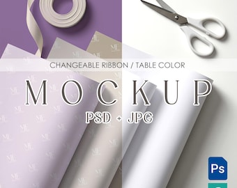 Wrapping Paper Mockup, Gift Wrap Mock up, Editable Table and Ribbon PSD Template